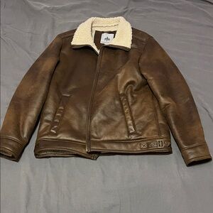 RAINFOREST Brown Leather Bomber Jacket with Cream Shearling Collar